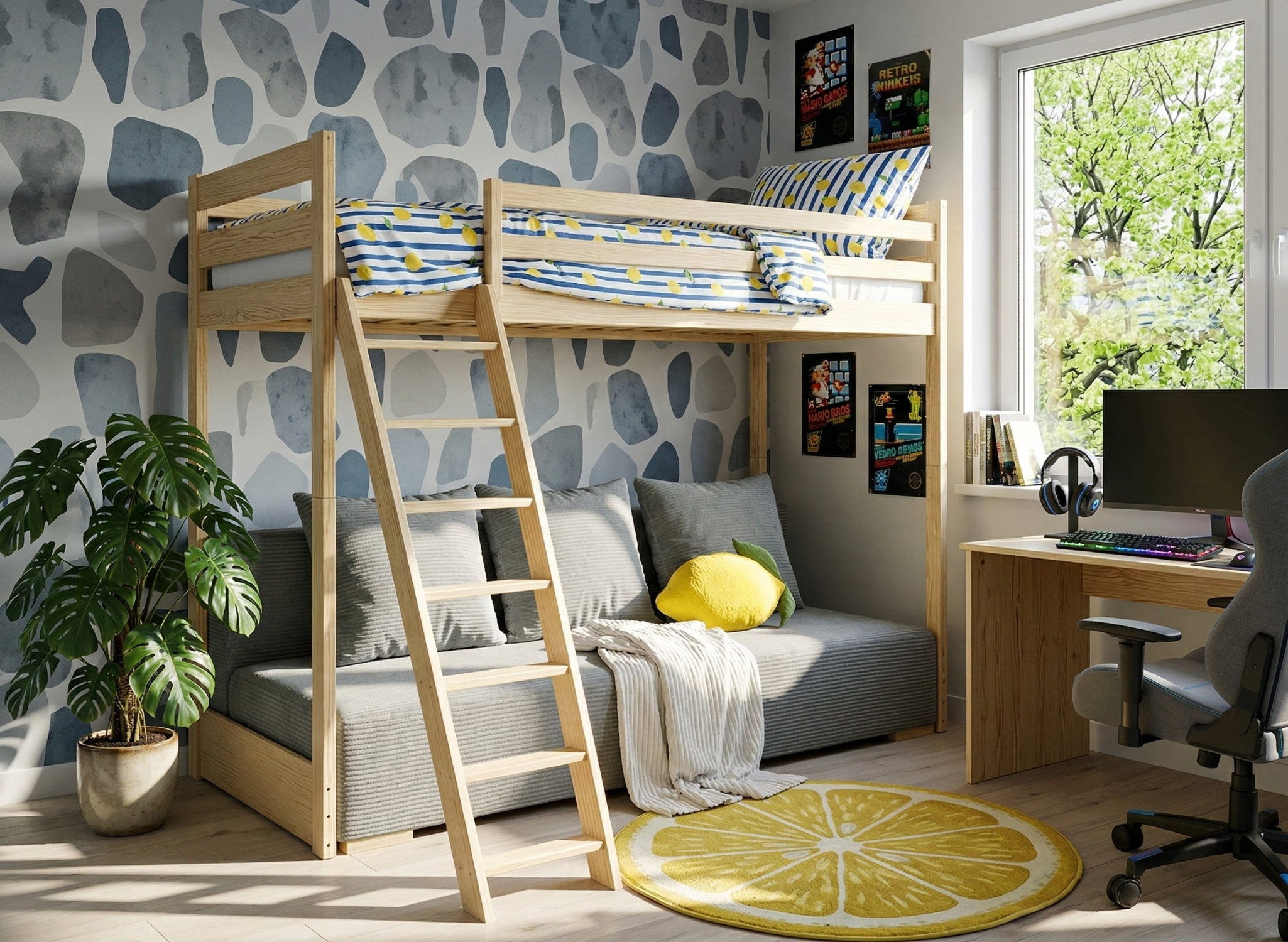 SOFINO 90x200/140x200 łóżko sosna na antresoli z rozkładaną kanapą tkanina szara zoom 15 sage Lano Meble