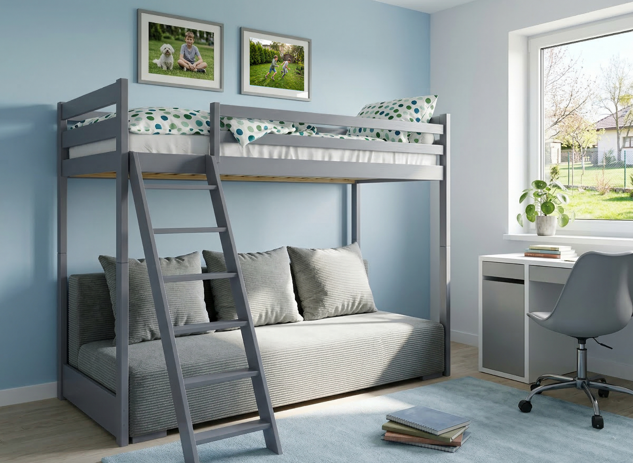 SOFINO 90x200/140x200 łóżko grafit na antresoli z rozkładaną kanapą tkanina szara zoom 15 sage Lano Meble